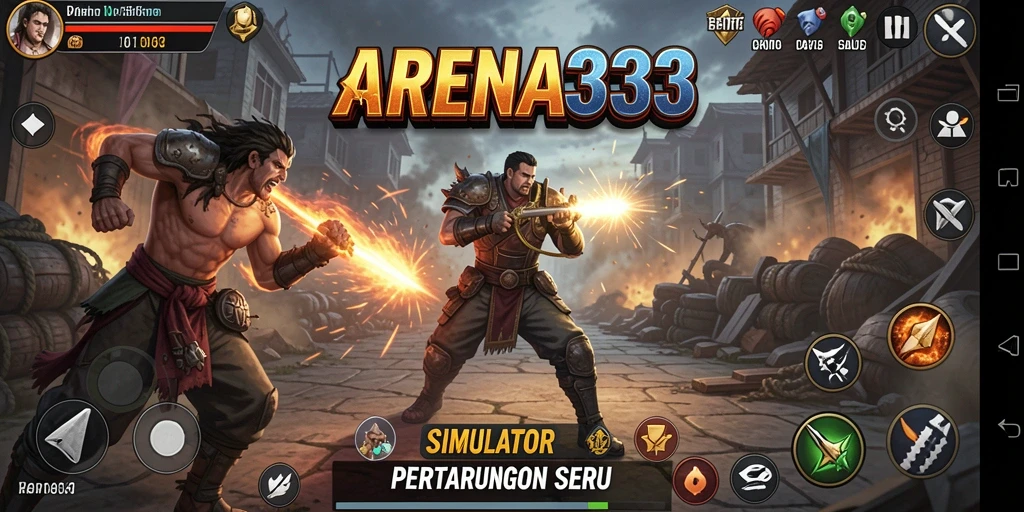 Screenshot gameplay ARENA333 yang menunjukkan pertarungan seru antar karakter.