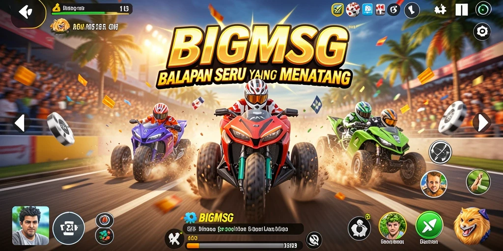 Screenshot utama BIGMSG menampilkan aksi balap yang mendebarkan dengan mobil cepat.