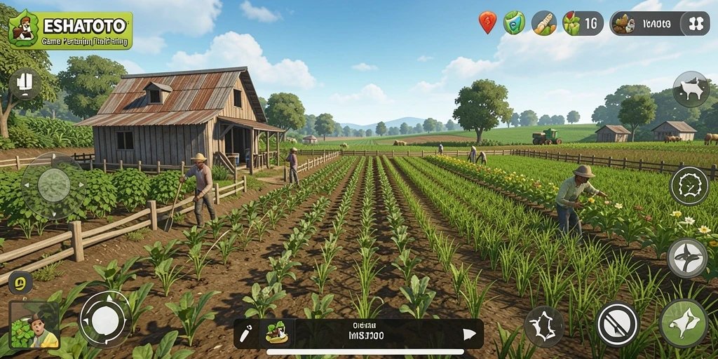 Screenshot gameplay ESHATOTO menampilkan aktivitas bertani yang seru.